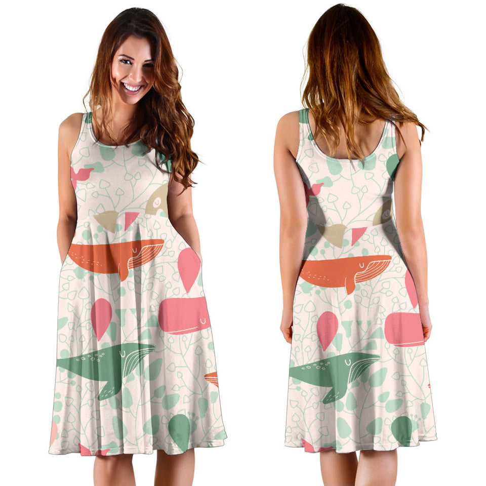 Cute Whale Pattern Sleeveless Midi Dress