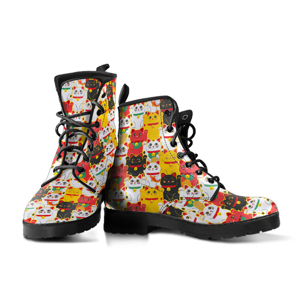 Colorful Maneki Neko Lucky Cat Pattern Leather Boots