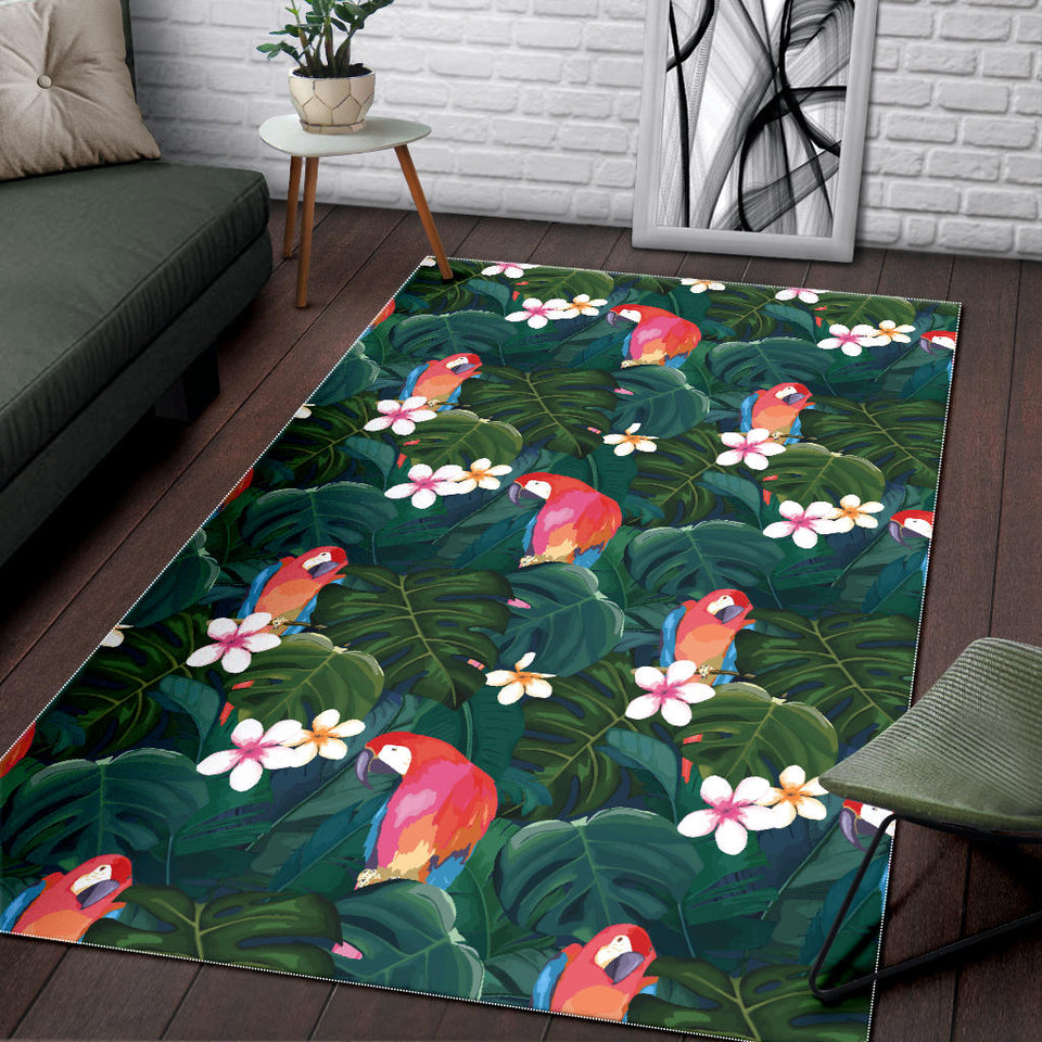 Parrot Palm Tree Leaves Flower Hibiscus Pattern Area Rug