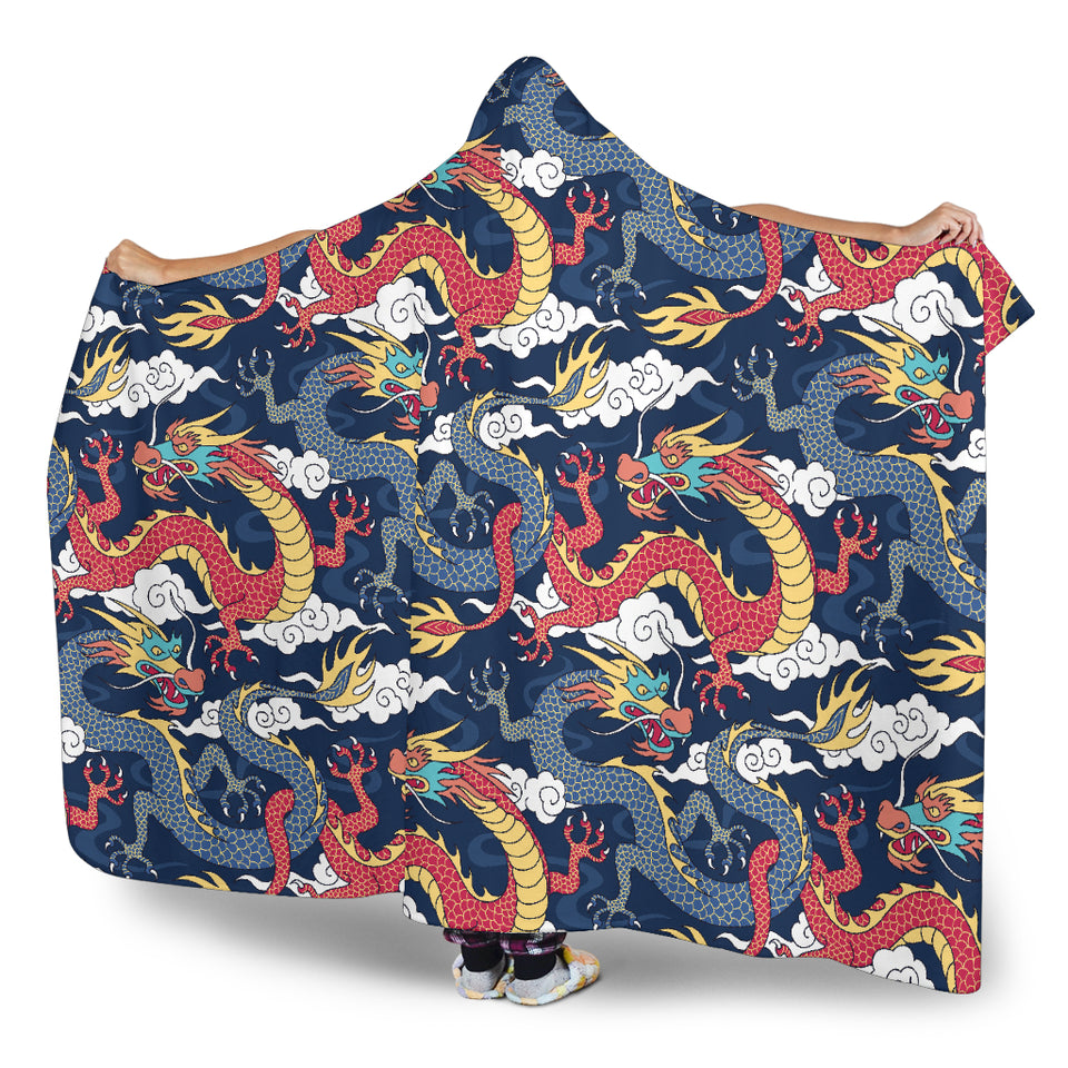 Blue Red Dragon Cloud Pattern Hooded Blanket