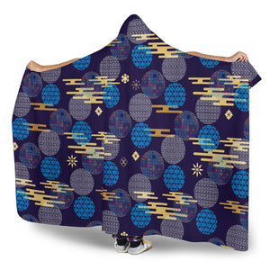 Blue Japanese Pattern Cloud Wave Flower Hooded Blanket