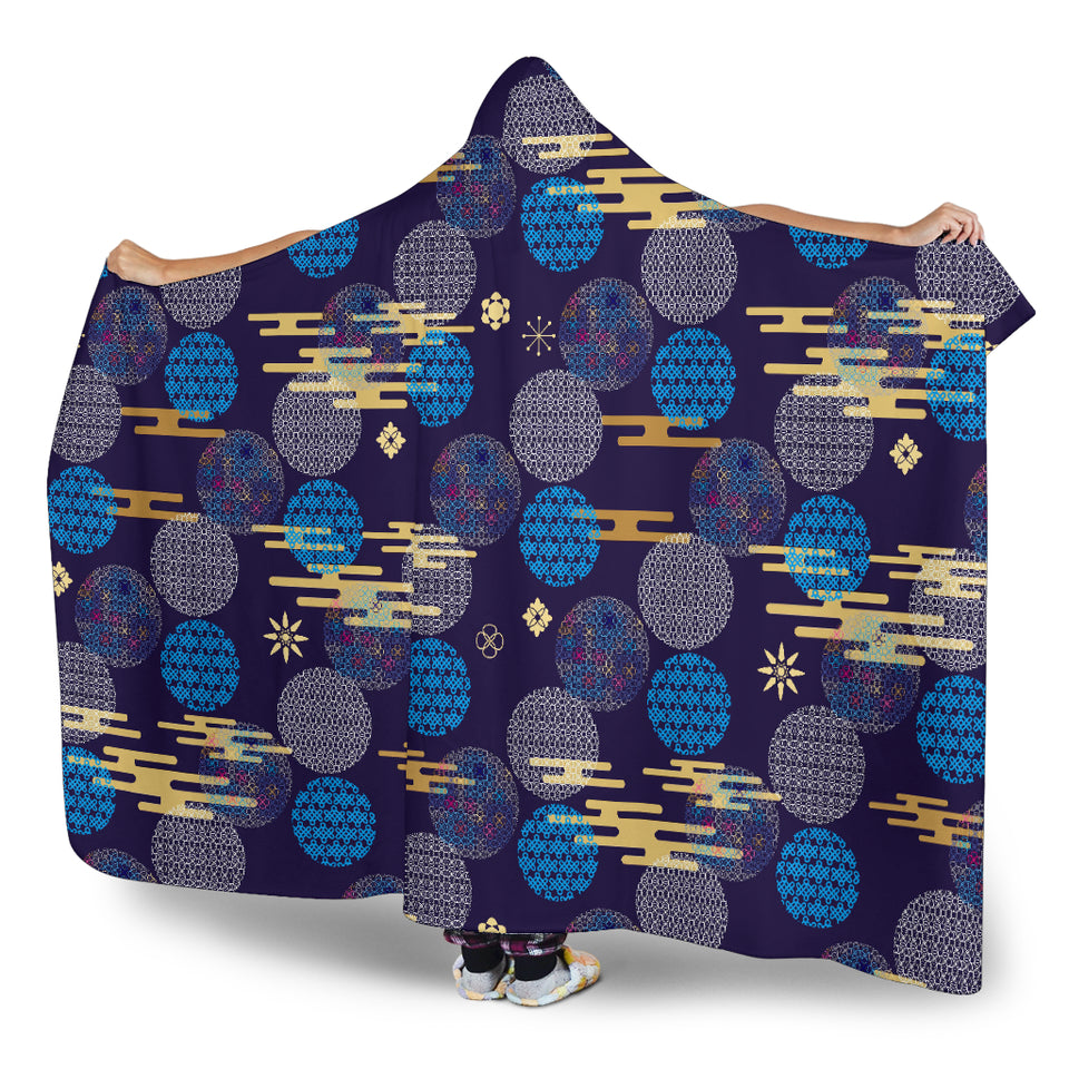 Blue Japanese Pattern Cloud Wave Flower Hooded Blanket