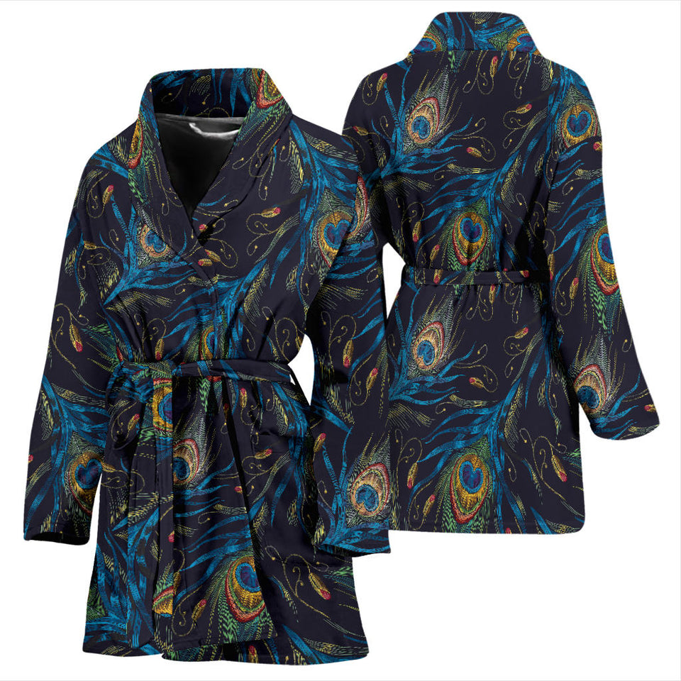 Beautiful Peacock Feather Pattern Women'S Bathrobe