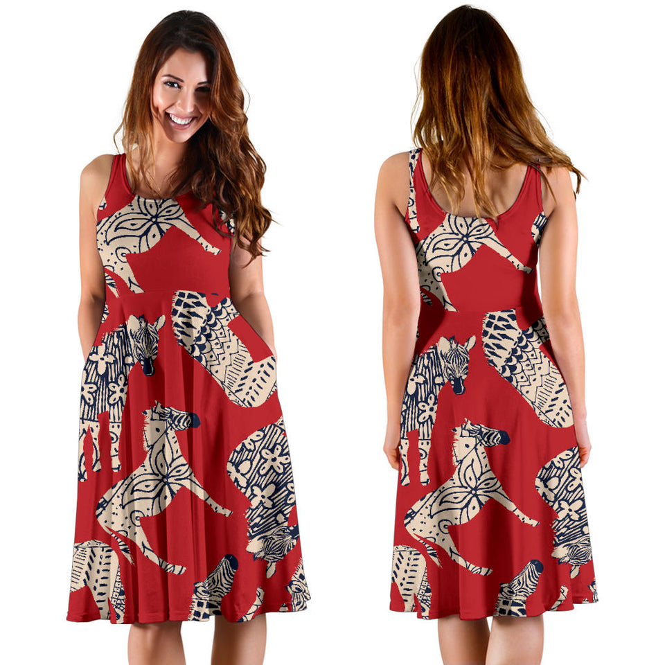 Zebra Abstract Red Background Sleeveless Midi Dress