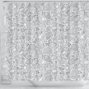 Cartoon Hand Drawn Ice Cream Black White Shower Curtain Fulfilled In US