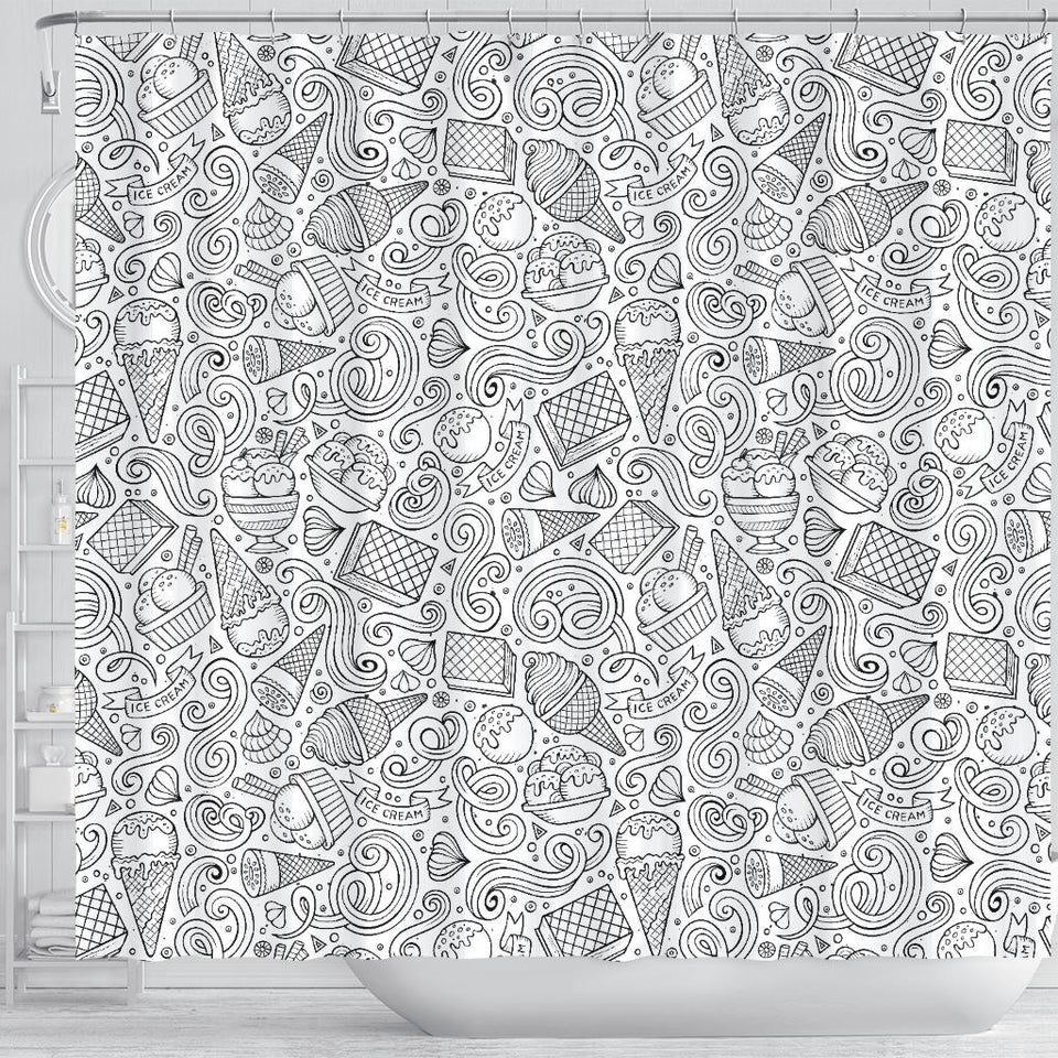 Cartoon Hand Drawn Ice Cream Black White Shower Curtain Fulfilled In US
