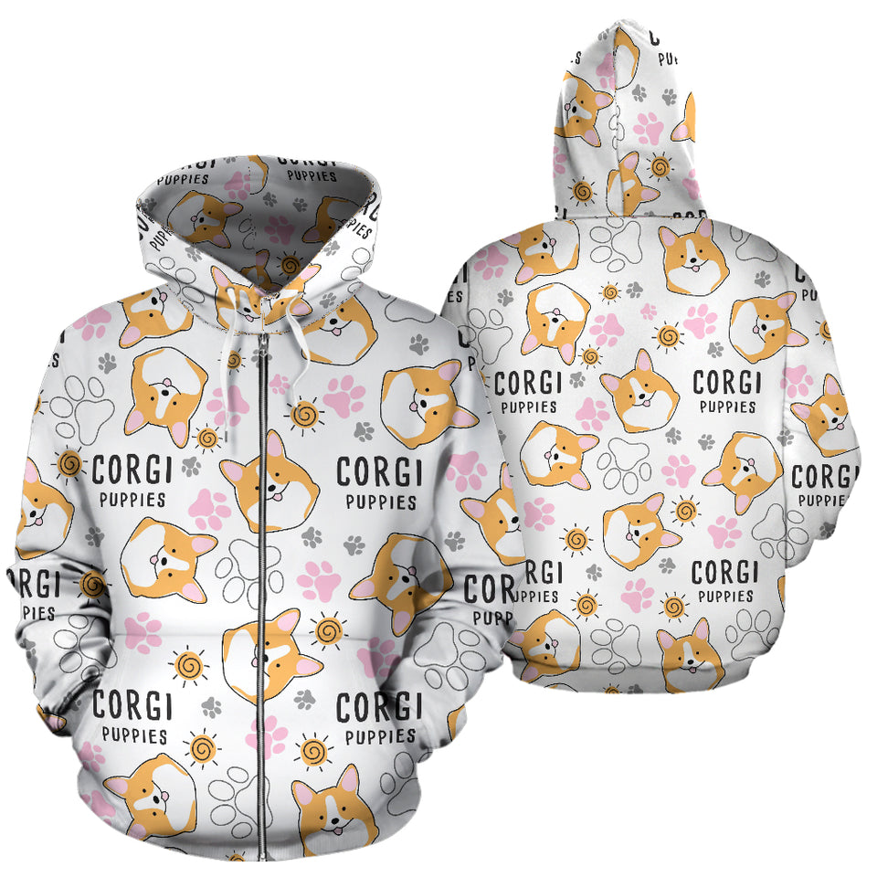 Corgi Dog Pattern Zip Up Hoodie