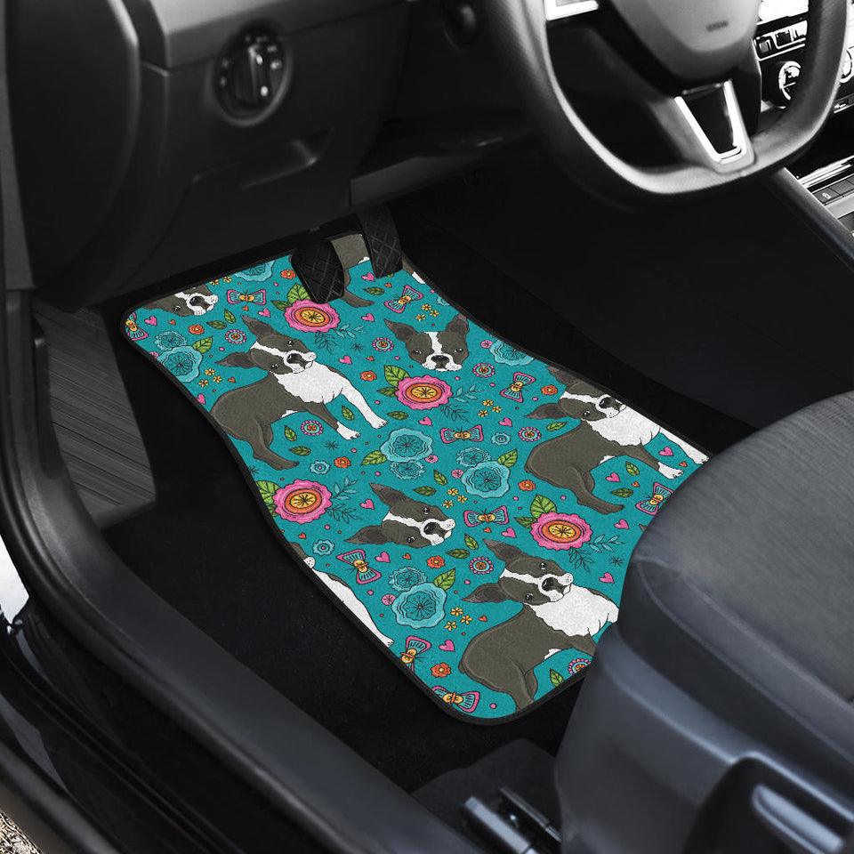 Boston Terrier Beautiful Flower Pattern Front And Back Car Mats