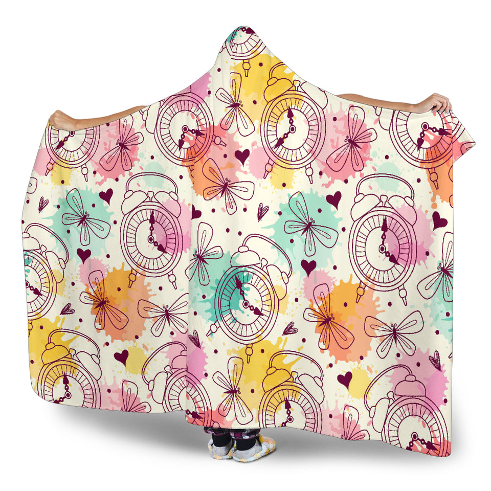 Clock Butterfly Pattern Hooded Blanket