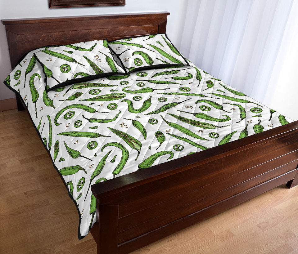 Hand drawn sketch style green Chili peppers pattern Quilt Bed Set