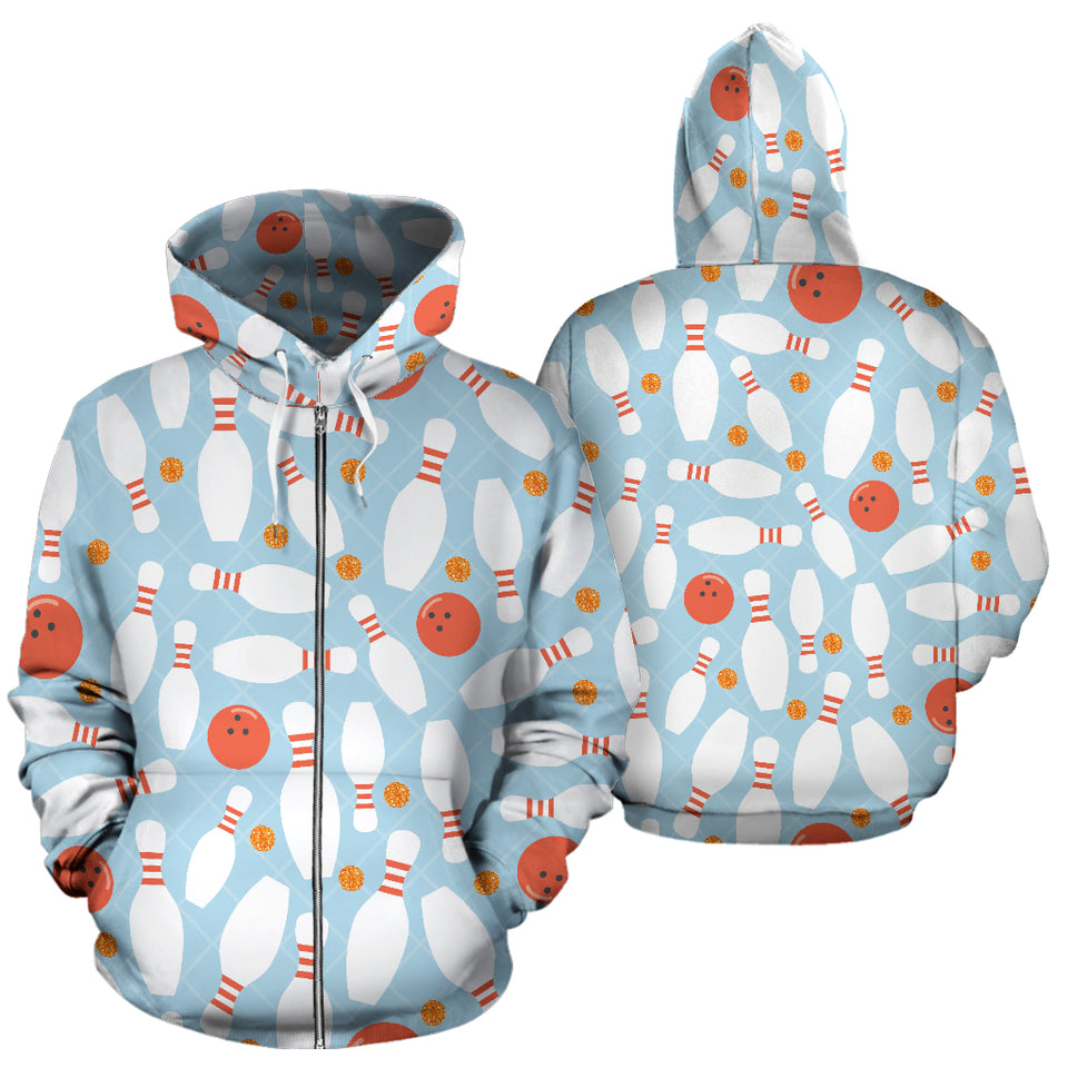 Bowling Ball Bowling Pins Blue Blackground Zip Up Hoodie