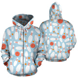 Bowling Ball Bowling Pins Blue Blackground Zip Up Hoodie