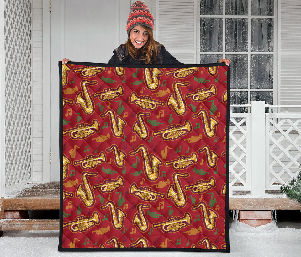 Saxophone Cornet Pattern Red Background Premium Quilt
