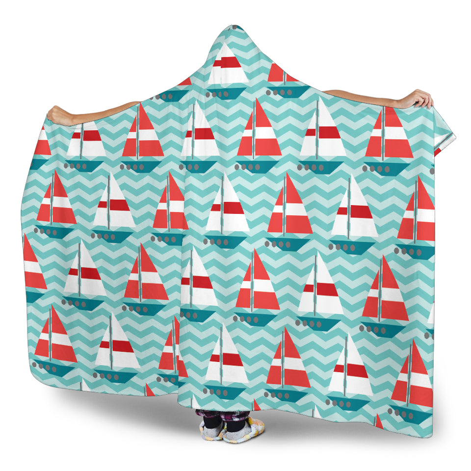 Red White Sailboat Wave Background Hooded Blanket
