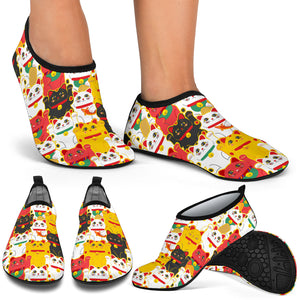 Colorful Maneki Neko Lucky Cat Pattern Aqua Shoes