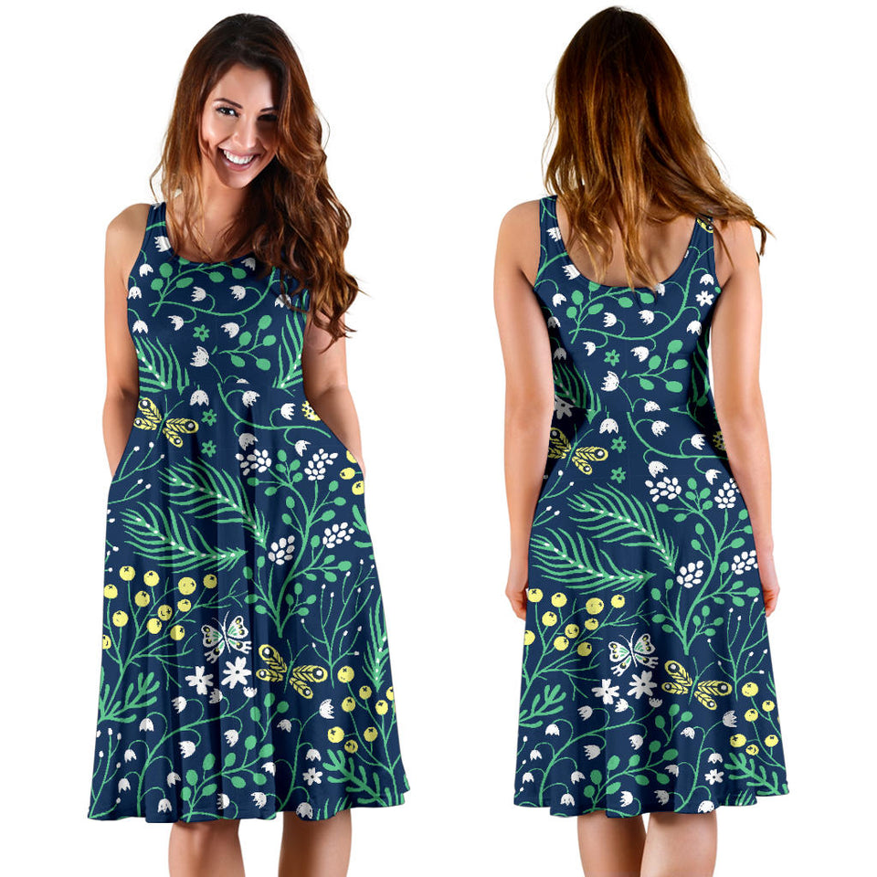 Butterfly Leaves Pattern Sleeveless Midi Dress