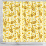 Saxophone Cornet Pattern Yellow Background Shower Curtain Fulfilled In US
