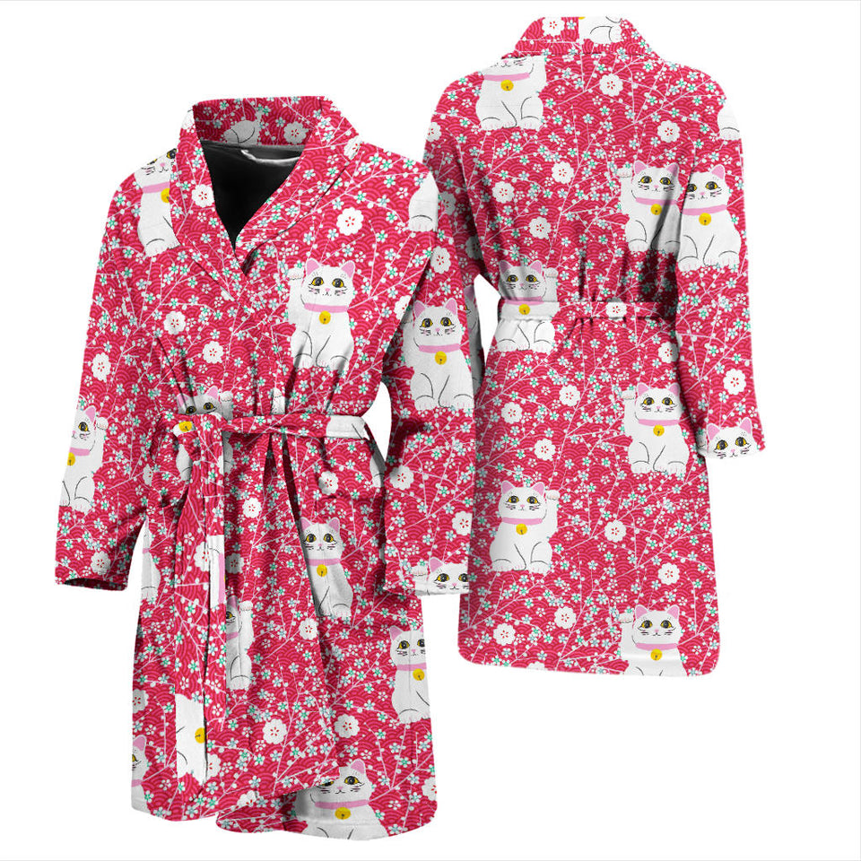 Maneki Neko Lucky Cat Sakura Pink Background Men'S Bathrobe
