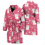 Maneki Neko Lucky Cat Sakura Pink Background Men'S Bathrobe