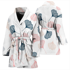 Black Gray Cream Coral Ginkgo Leaves Pattern Women'S Bathrobe