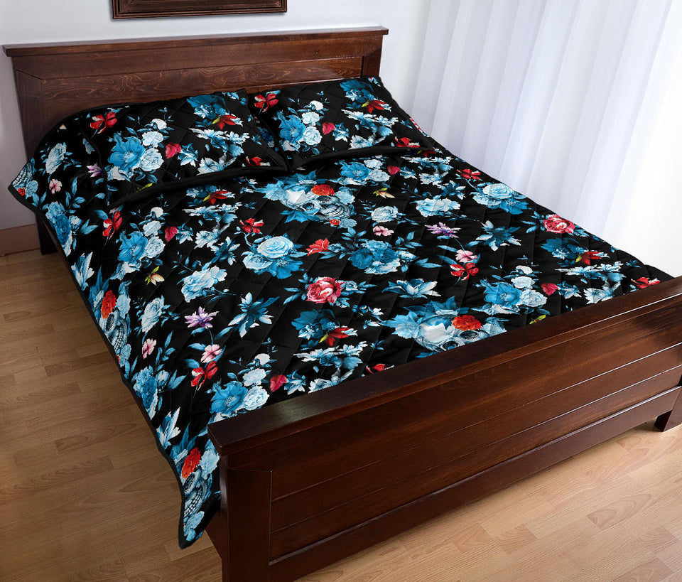 Skull flower roses leave pattern Quilt Bed Set