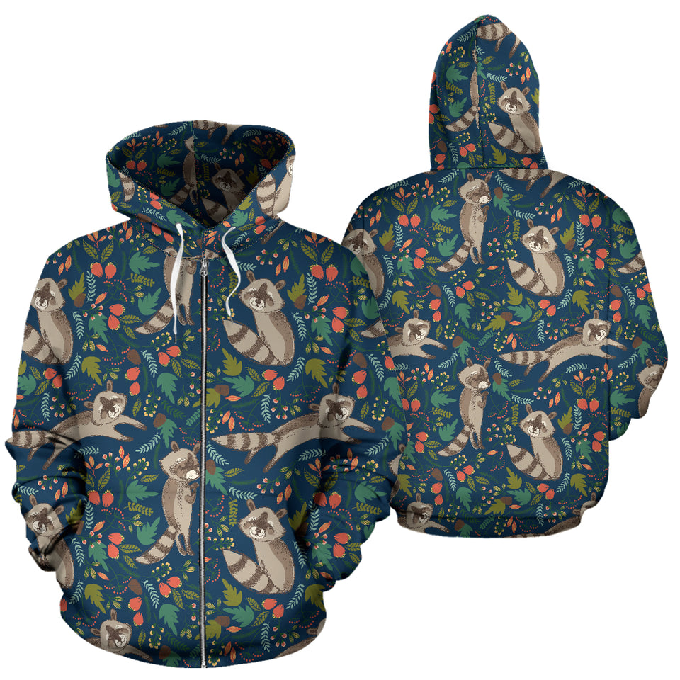 Raccoon Tropical Leaves Pattern Zip Up Hoodie