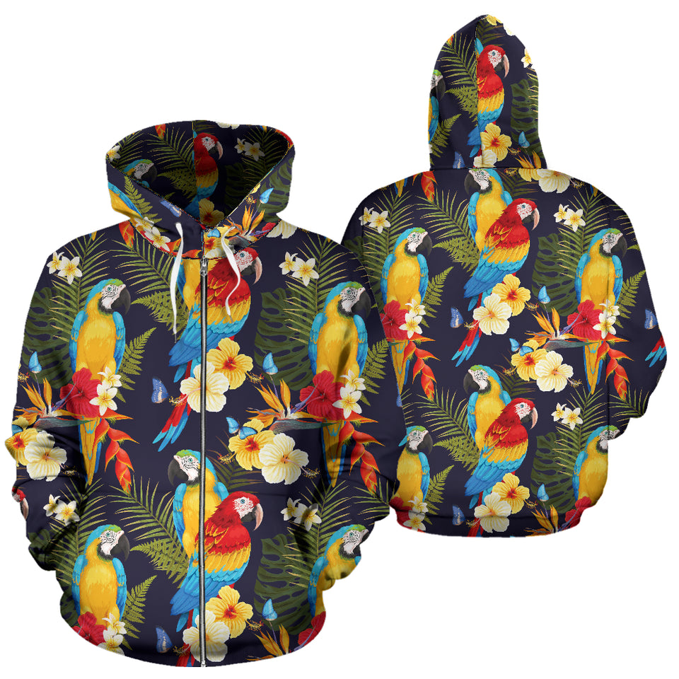 Colorful Parrot Flower Pattern Zip Up Hoodie