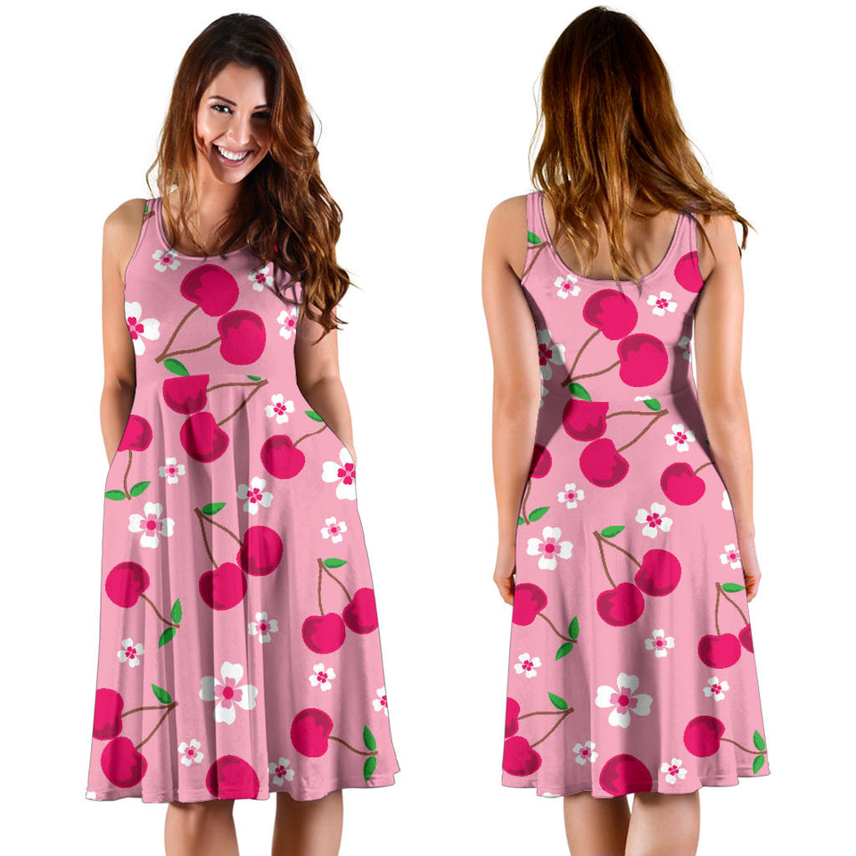 Cherry Flower Pattern Pink Background Sleeveless Midi Dress