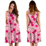 Cherry Flower Pattern Pink Background Sleeveless Midi Dress