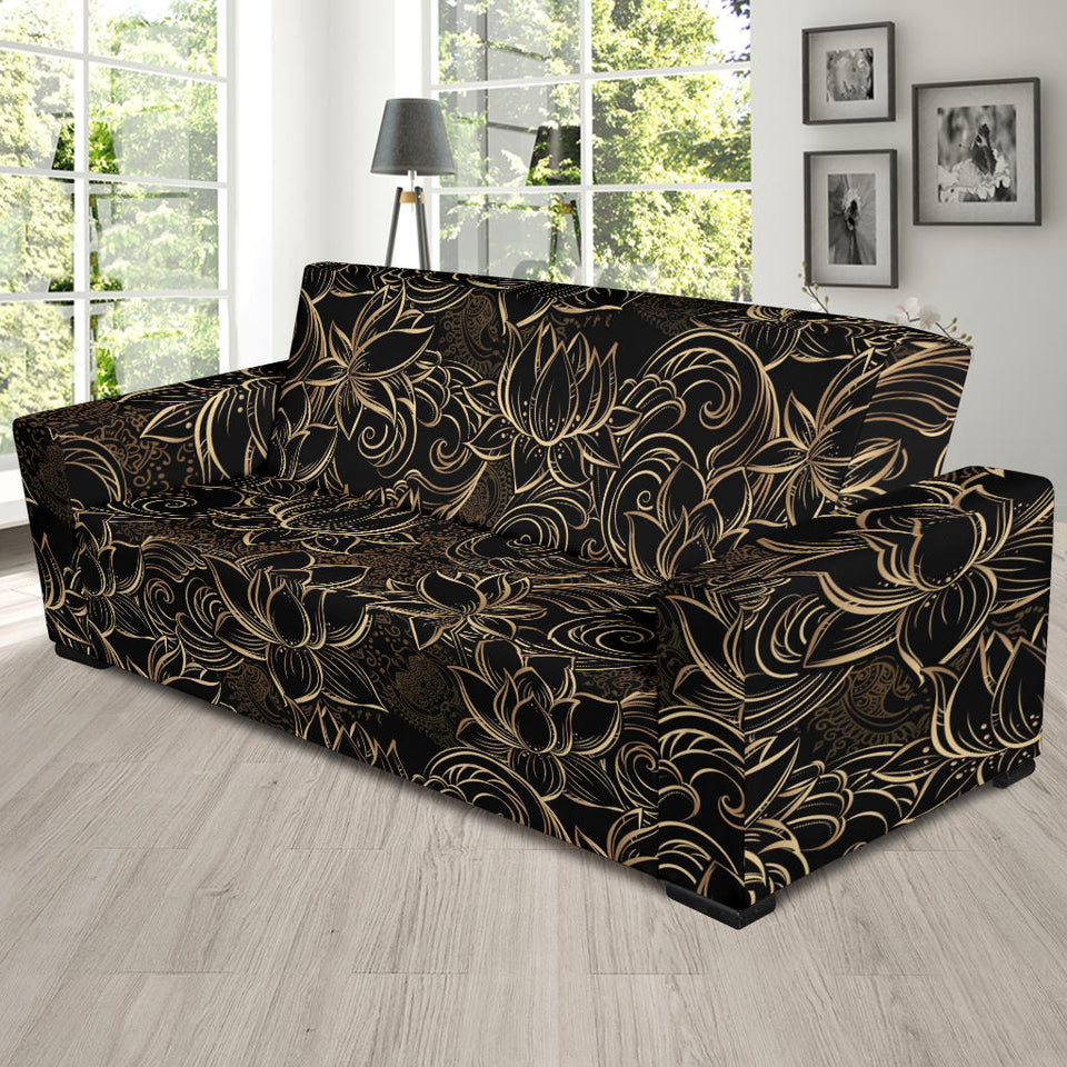 Luxurious Gold Lotus Waterlily Black Background Sofa Slipcover