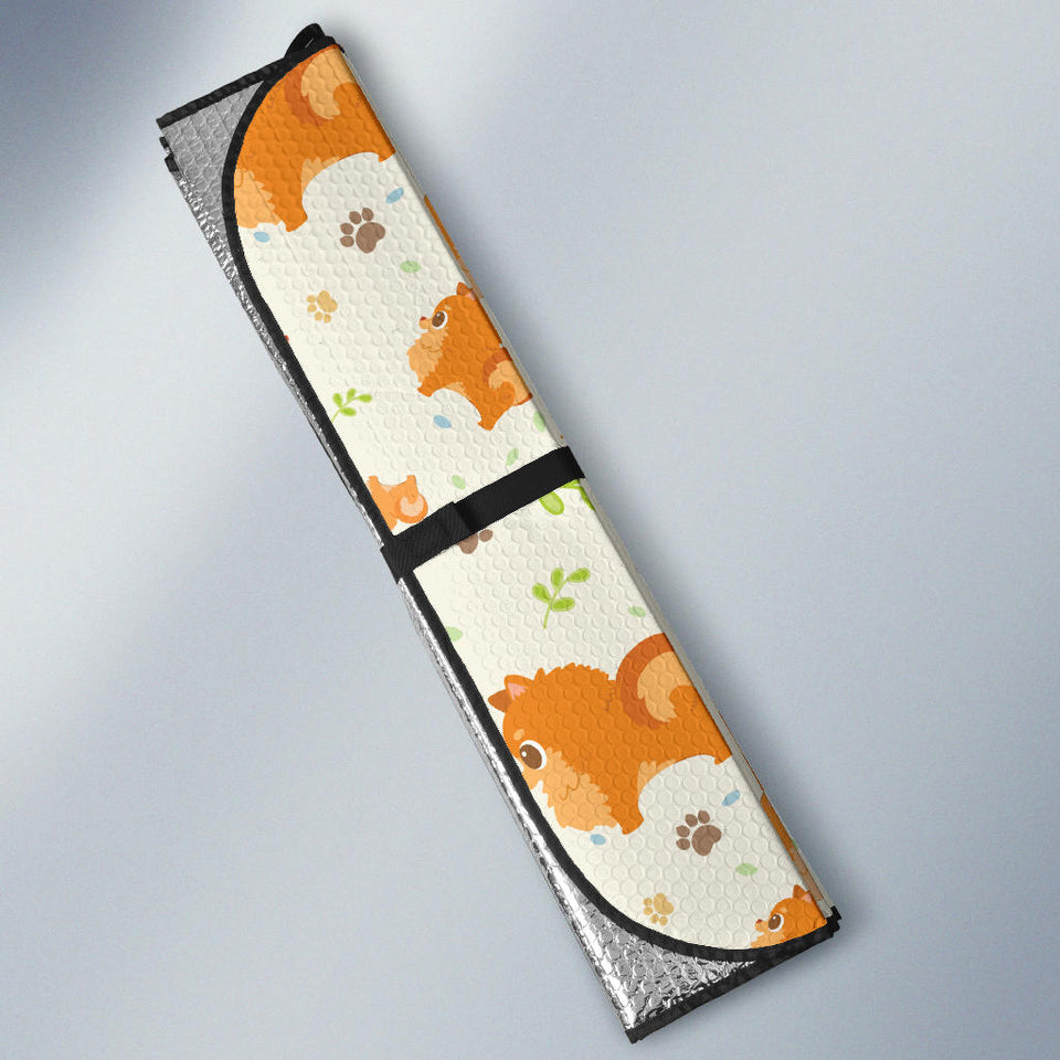 Cute Brown Pomeranian Paw Leave Bone Pattern Car Sun Shade