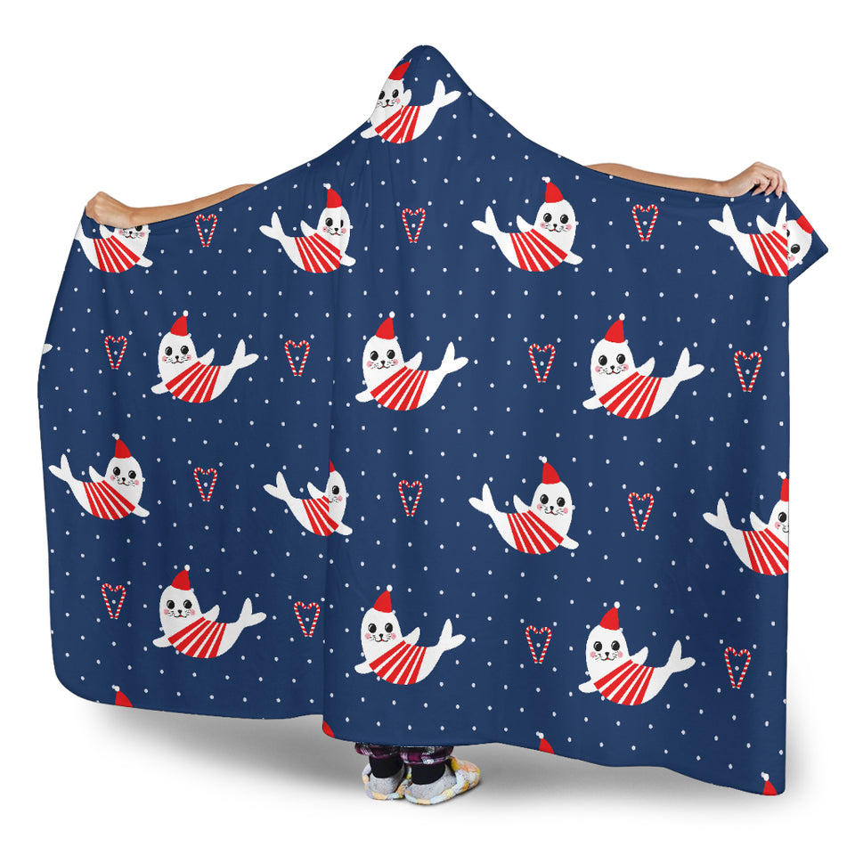 Cute Sea Lion Seal Christmas Hat Candy Cane Heart Pattern Hooded Blanket
