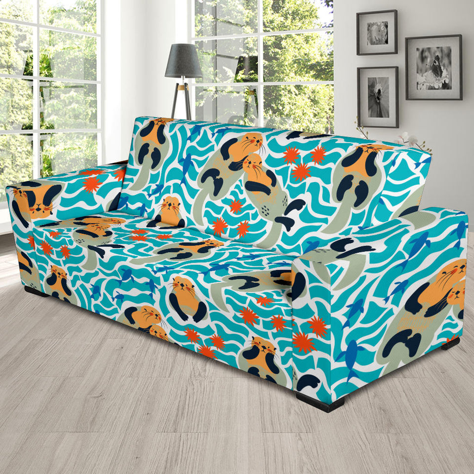 Cute Sea Otters Fishe Sea Urchin Pattern Sofa Slipcover