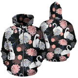 White Swan Blooming Flower Pattern Zip Up Hoodie