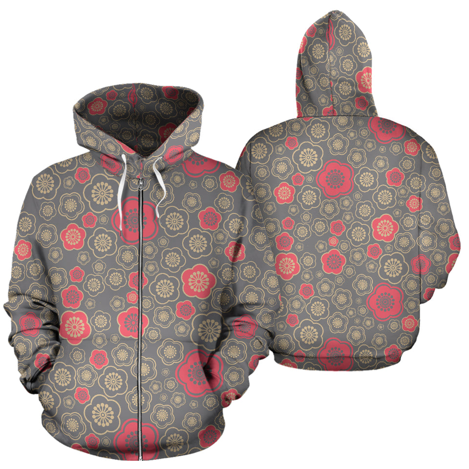 Red Gold Sakura Cherry Blossom Gray Background Zip Up Hoodie