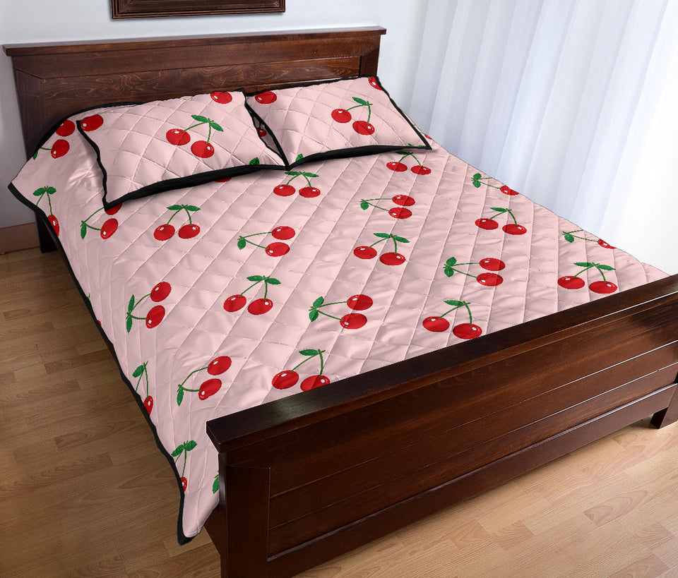 cherry pattern pink background Quilt Bed Set