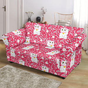 Maneki Neko Lucky Cat Sakura Pink Background Loveseat Couch Slipcover