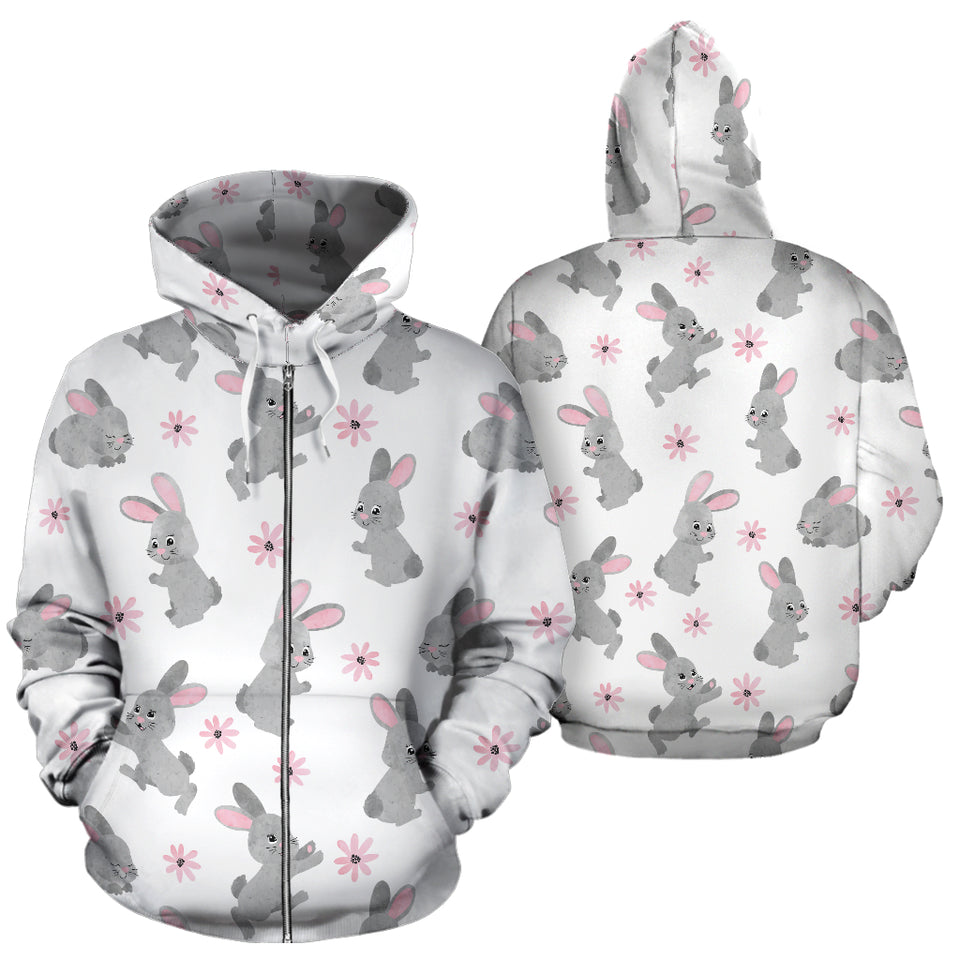 Watercolor Cute Rabbit Pattern Zip Up Hoodie