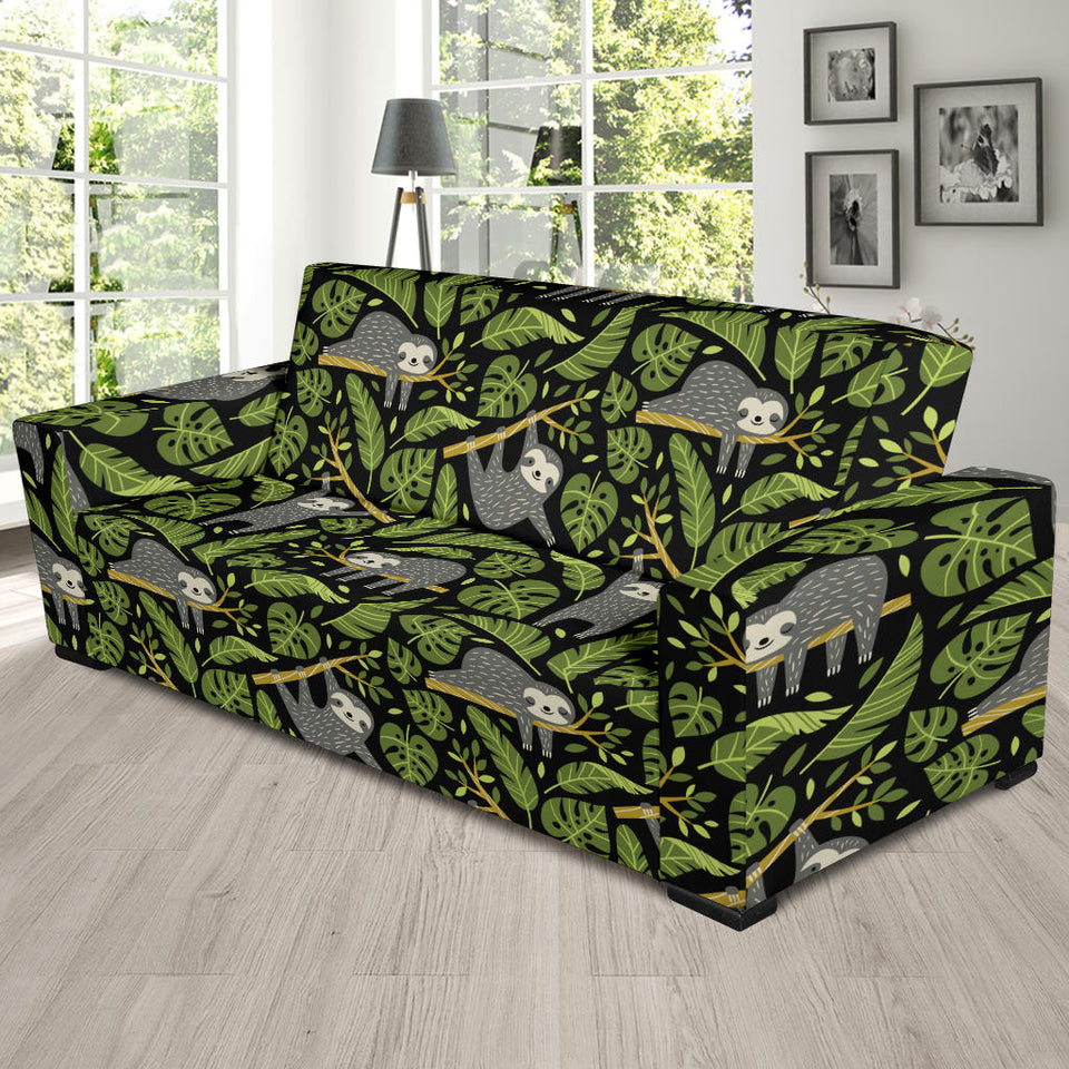 Cute Sloths Tropical Palm Leaves Black Background Sofa Slipcover