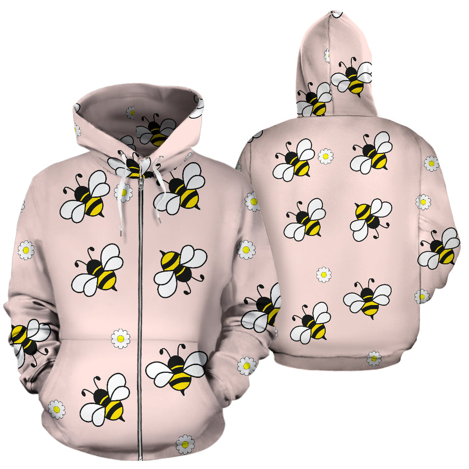 Cute Bee Flower Pattern Pink Background Zip Up Hoodie