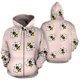Cute Bee Flower Pattern Pink Background Zip Up Hoodie