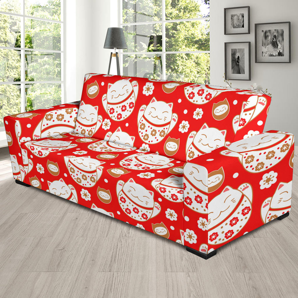 Cute Maneki Neko Lucky Cat Red Background Sofa Slipcover