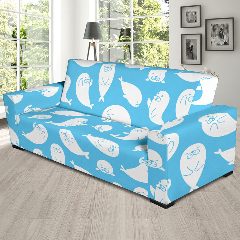 Cute White Sea Lion Seals Pattern Sofa Slipcover