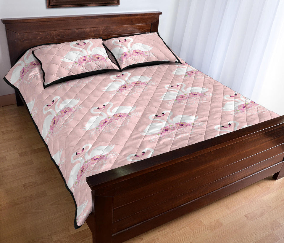 White swan and flower love pattern Quilt Bed Set