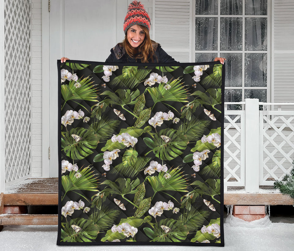 White Orchid Flower Tropical Leaves Pattern Blackground Premium Quilt