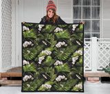 White Orchid Flower Tropical Leaves Pattern Blackground Premium Quilt