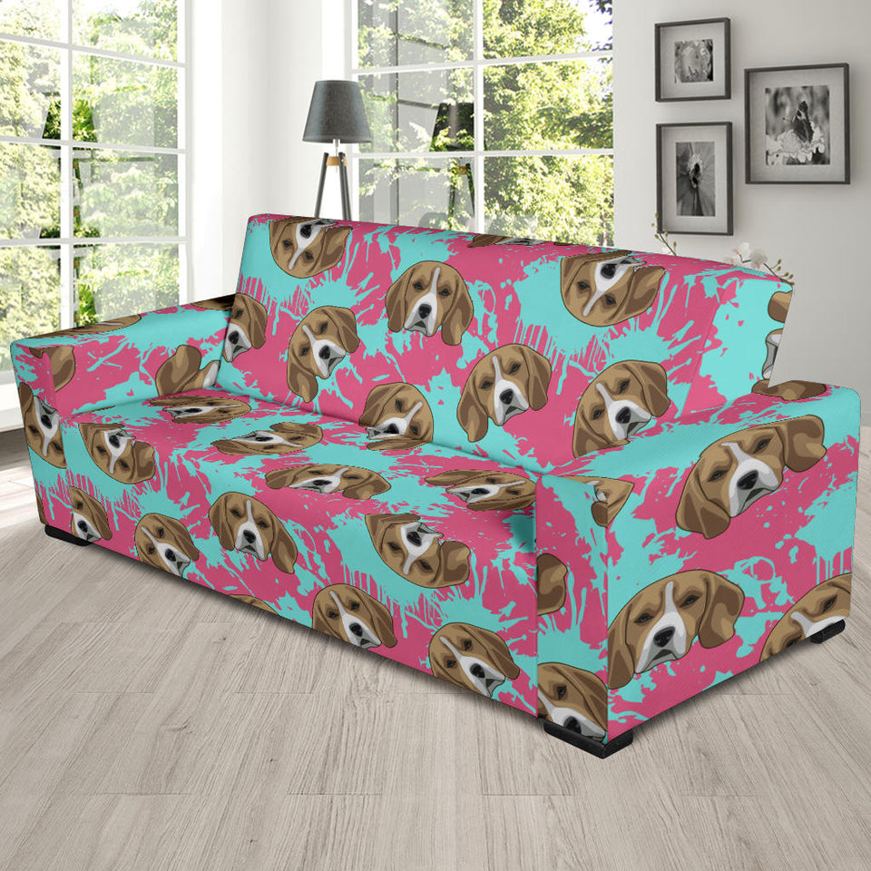 Beagle Muzzles Turquoise Paint Splashes Pink Pattern Sofa Slipcover