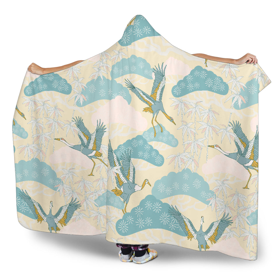 Bonsai Bamboo Stork Japanese Pattern Cream Theme Hooded Blanket