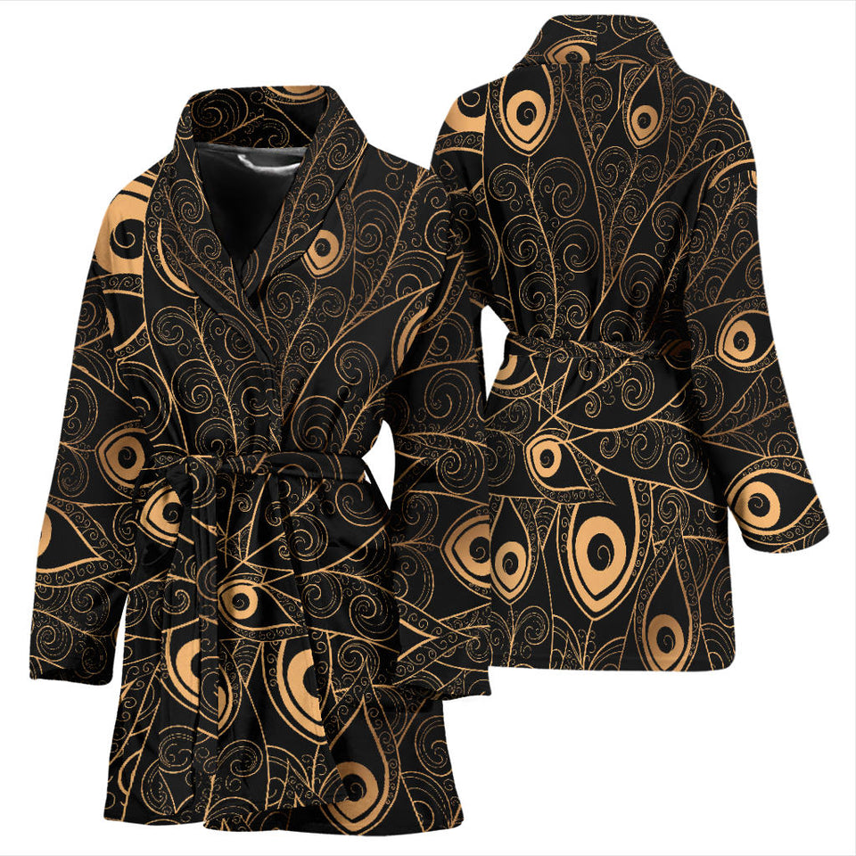 Gold Peacock Feather Pattern Women'S Bathrobe