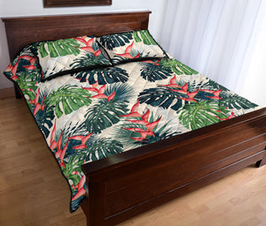 heliconia flowers, palm and monstera leaves Quilt Bed Set